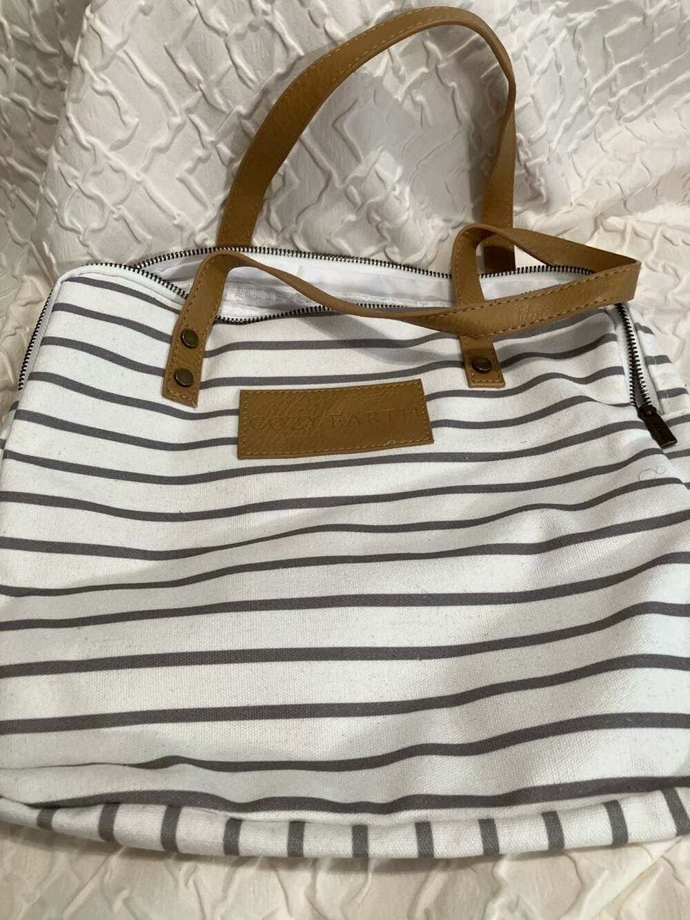 Cozy Earth Striped Canvas Tote Bag with Tan Handles